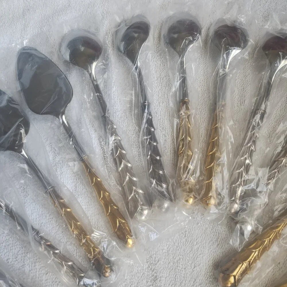 12 PC LOT French Silver Gold Plate Stainless Spoon Salad Cake Hostess Server SET